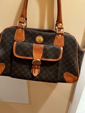 Rioni Brown Monogram Shoulder Bag with Tan Leather Trim and Gold Hardware.